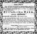 Todesanzeige Elisabetha Böhm, Oktober 1856 <span class="smw-highlighter" data-type="8" data-state="inline" data-title="Hinweis" title="Lizenz: NoC-NC 1.0"><span class="smwtticon note"></span><span class="smwttcontent">Lizenz: NoC-NC 1.0</span></span>