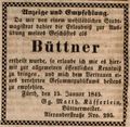 Zeitungsannonce des Büttnermeisters Georg Matthäus Käfferlein in der <!--LINK'" 0:27-->, Januar 1845 <span class="smw-highlighter" data-type="8" data-state="inline" data-title="Hinweis" title="Lizenz: NoC-NC 1.0"><span class="smwtticon note"></span><span class="smwttcontent">Lizenz: NoC-NC 1.0</span></span>