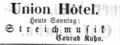 Zeitungsanzeige von "Conrad Kuhn", "Union Hotel", Dezember 1863 <span class="smw-highlighter" data-type="8" data-state="inline" data-title="Hinweis" title="Lizenz: NoC-NC 1.0"><span class="smwtticon note"></span><span class="smwttcontent">Lizenz: NoC-NC 1.0</span></span>