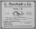 Auerbach-Anzeige, Adreßbuch der Stadt Fürth 1913 <span class="smw-highlighter" data-type="8" data-state="inline" data-title="Hinweis" title="Lizenz: CC BY-SA 3.0"><span class="smwtticon note"></span><span class="smwttcontent">Lizenz: CC BY-SA 3.0</span></span>