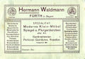 Geschäftskarte Hermann Waldmann aus Fürth, um 1920 <span class="smw-highlighter" data-type="8" data-state="inline" data-title="Hinweis" title="Urheber: Hermann WaldmannLizenz: CC BY-SA 3.0"><span class="smwtticon note"></span><span class="smwttcontent">Urheber: Hermann Waldmann<br><br>Lizenz: CC BY-SA 3.0</span></span>
